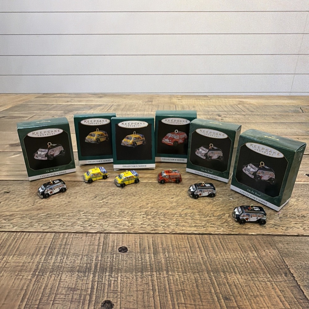 6 Hallmark Keepsake Miniature Christmas Ornaments On The Road Pressed Tin Cars